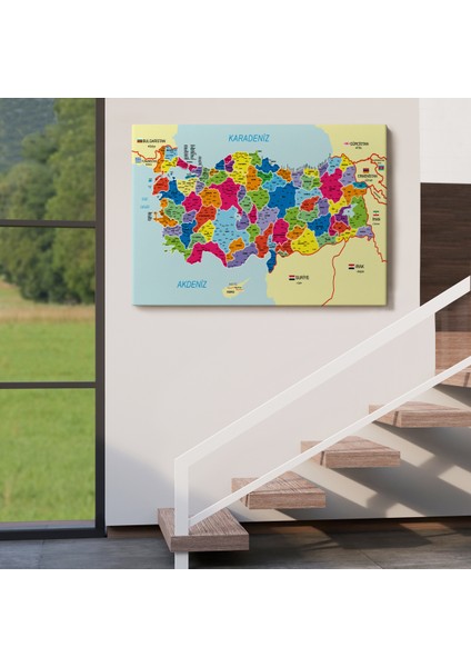 Türkiye Haritası Kanvas Tablo İl ve İlçeli Ayrıntılı Eğitici Komşulu Dekoratif Tablo 3005 indirimleri