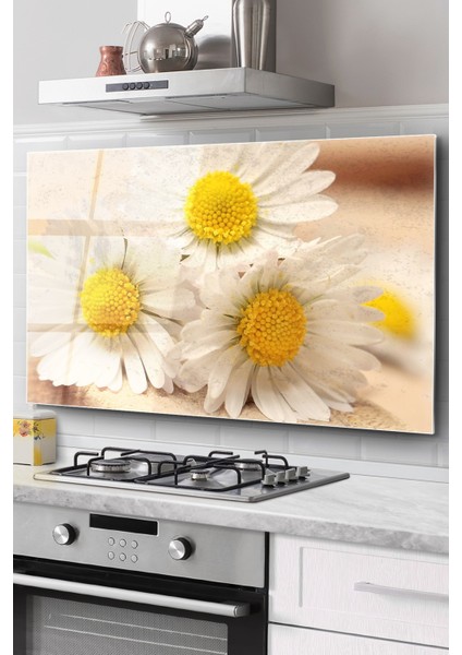 Ocak Arkası Cam Koruyucu Tezgah Ankastre Arkası Koruyucu | Papatya Desenli