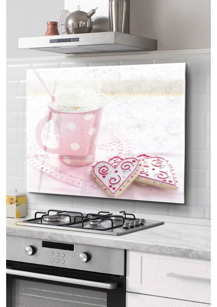 Ocak Arkası Cam Koruyucu Tezgah Ankastre Arkası Koruyucu | Kahve Kalpli Kurabiye Desenli