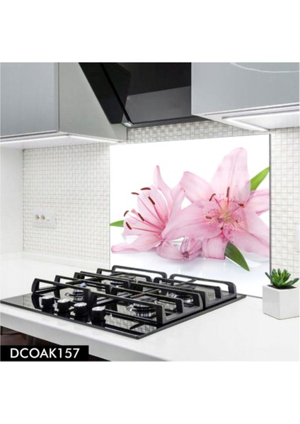 Pembe Çiçek Cam Ocak Arkası Koruyucu