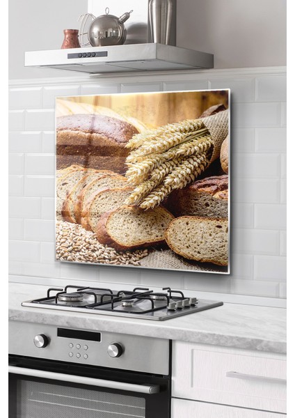 Ocak Arkası Cam Koruyucu Tezgah Ankastre Arkası Koruyucu | Ekmek ve Buğday Desenli