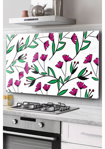 Ocak Arkası Cam Koruyucu Tezgah Ankastre Arkası Koruyucu | Renkli Çiçek Desenli