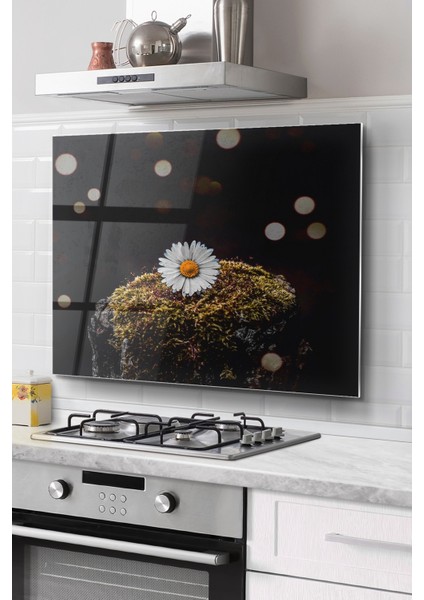 Ocak Arkası Cam Koruyucu Tezgah Ankastre Arkası Koruyucu | Papatya Desenli