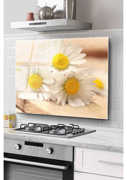 Ocak Arkası Cam Koruyucu Tezgah Ankastre Arkası Koruyucu | Papatya Desenli