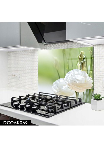 Cam Ocak Arkası Koruyucu | Beyaz Çiçek Desenli