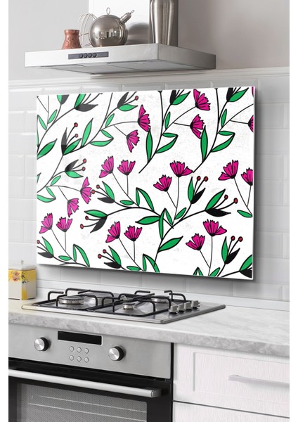 Ocak Arkası Cam Koruyucu Tezgah Ankastre Arkası Koruyucu | Renkli Çiçek Desenli