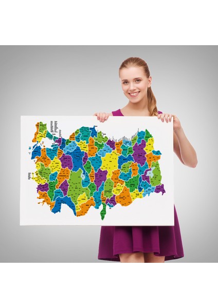 Türkiye Haritası Kanvas Tablo İl ve İlçeli Ayrıntılı Eğitici Dekoratif Tablo 3032 fırsatları
