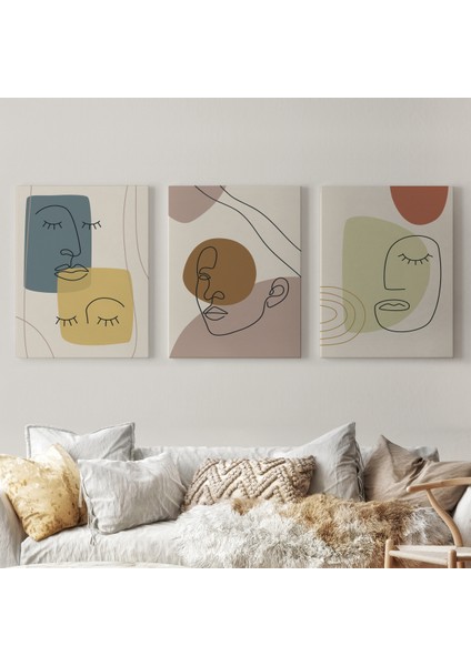 3'lü Tablo Minimal Şekiller ve Çizgi Sanat Yüzleri Soyut Sanat Tablo Seti-Ap-16
