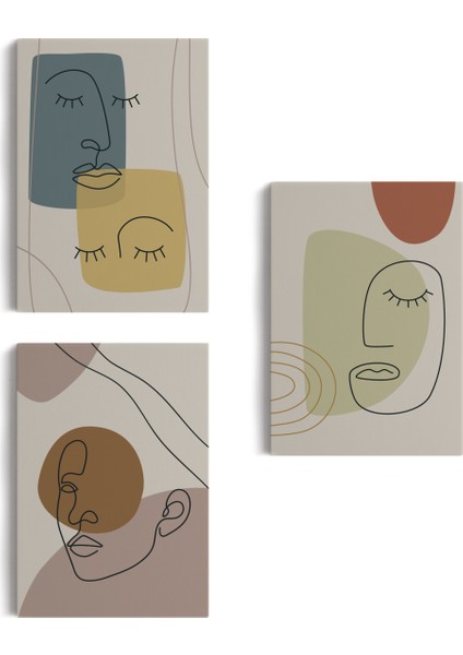 3'lü Tablo Minimal Şekiller ve Çizgi Sanat Yüzleri Soyut Sanat Tablo Seti-Ap-16