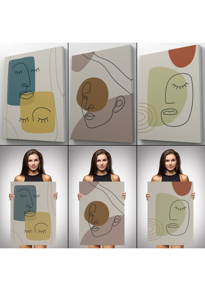 3'lü Tablo Minimal Şekiller ve Çizgi Sanat Yüzleri Soyut Sanat Tablo Seti-Ap-16