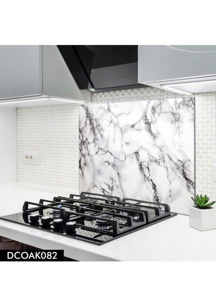 Cam Ocak Arkası Koruyucu | Beyaz - Siyah Mermer Desenli