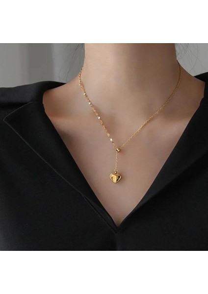Sarkıtmalı Kalp Figürlü Gold Renk Altın Kaplama Çelik Zincirli Kolye