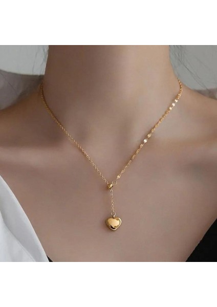 Sarkıtmalı Kalp Figürlü Gold Renk Altın Kaplama Çelik Zincirli Kolye