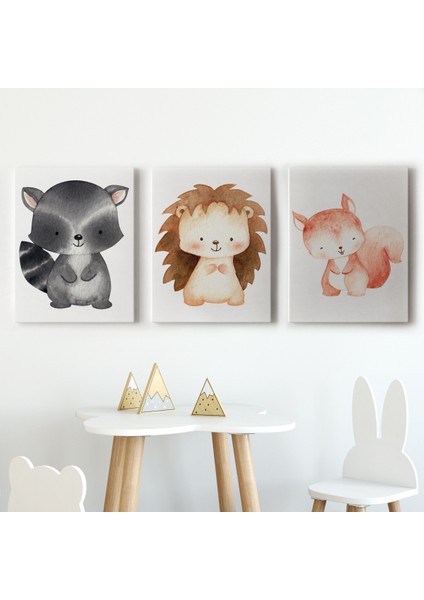 3'lü Tablo Sevimli Üç Hayvan Koleksiyonu Dekoratif Duvar Tablo Seti-Cd-54