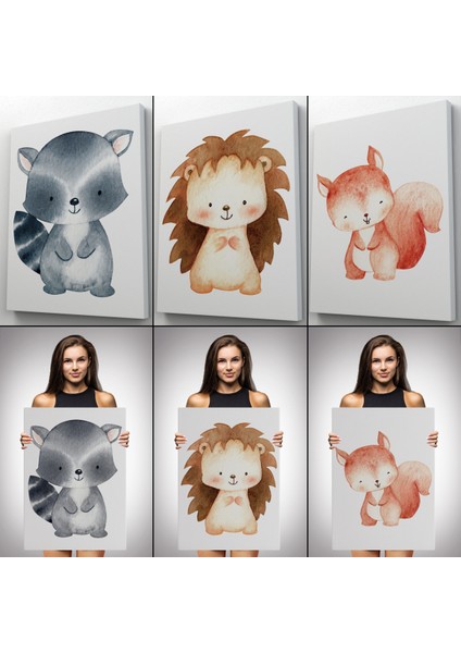 3'lü Tablo Sevimli Üç Hayvan Koleksiyonu Dekoratif Duvar Tablo Seti-Cd-54 modelleri