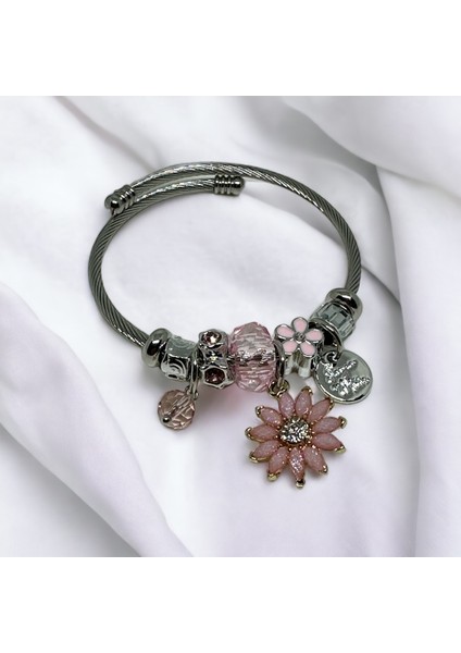 Çelik Pembe Çiçekli Charm Bileklik