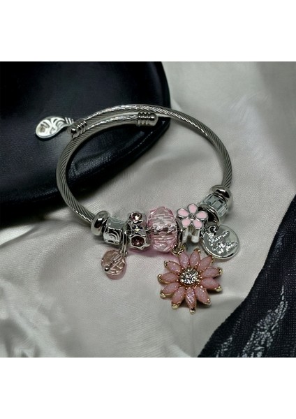 Çelik Pembe Çiçekli Charm Bileklik