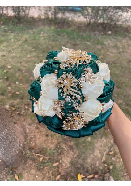 Koyu Yeşil Fildişi Çapı 15CM Sıcak Satış Gelin ve Nedime Buketleri Nefis Rhinestones Ipek Güller ve Inciler El Yapımı Sisters Düğün Buketleri (Yurt Dışından)