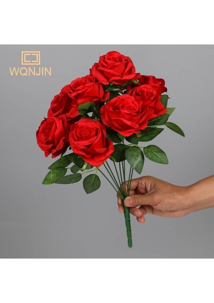 Kırmızı Gül Çiçek Buketi Yapay Pembe Kırmızı Çiçekler Düğün Dekorasyon 9 Kafaları Ipek Çiçekler Sahte Güller Flores Ev Dekor Demet (Yurt Dışından)