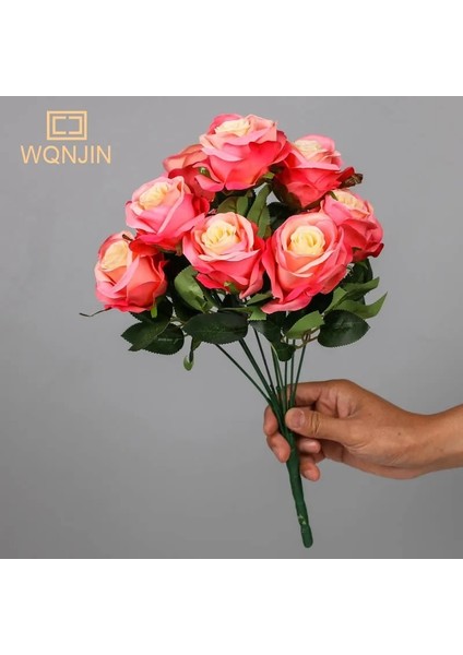 Kırmızı Gül Çiçek Buketi Yapay Pembe Kırmızı Çiçekler Düğün Dekorasyon 9 Kafaları Ipek Çiçekler Sahte Güller Flores Ev Dekor Demet (Yurt Dışından)