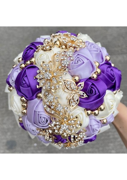 Mor Fildişi Çapı 15CM Sıcak Satış Gelin ve Nedime Buketleri Nefis Rhinestones Ipek Güller ve Inciler El Yapımı Sisters Düğün Buketleri (Yurt Dışından)