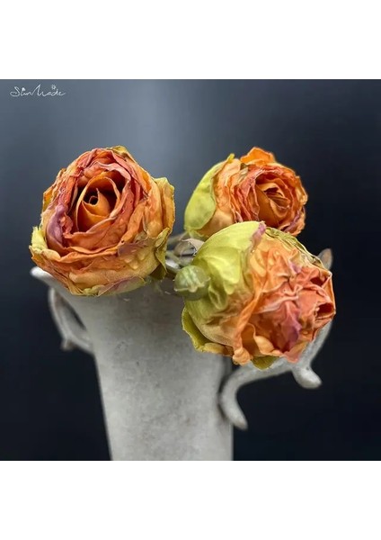 Vintage Turuncu Sunmade 3 Kafaları Kurutulmuş Görünümlü Vintage Güller Ipek Yapay Çiçekler Ev Düğün Dekor Kırmızı Gül Güz Decore Flores Artificales (Yurt Dışından)