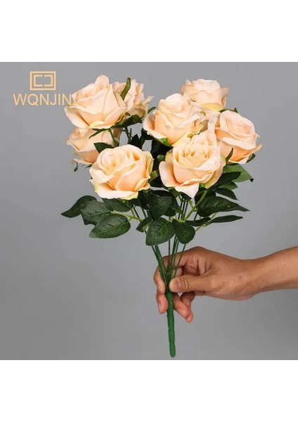 Şampanya Gül Çiçek Buketi Yapay Pembe Kırmızı Çiçekler Düğün Dekorasyon 9 Kafaları Ipek Çiçekler Sahte Güller Flores Ev Dekor Demet (Yurt Dışından)