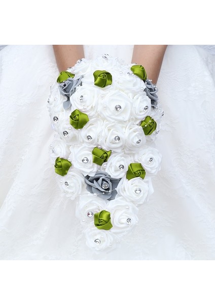 Çim Yeşili 20 cm Çap Büyük Uzun Şelale Gelin ve Nedime Için Yeni Düğün Buketleri Pe Gül Rhinestones El Çiçek Parti Düğün Dekorasyon W330PE (Yurt Dışından)