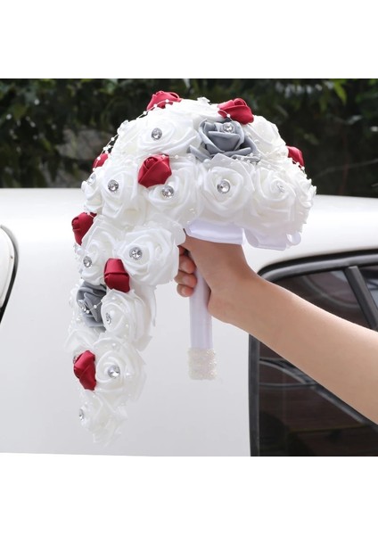 Çim Yeşili 20 cm Çap Büyük Uzun Şelale Gelin ve Nedime Için Yeni Düğün Buketleri Pe Gül Rhinestones El Çiçek Parti Düğün Dekorasyon W330PE (Yurt Dışından) modelleri