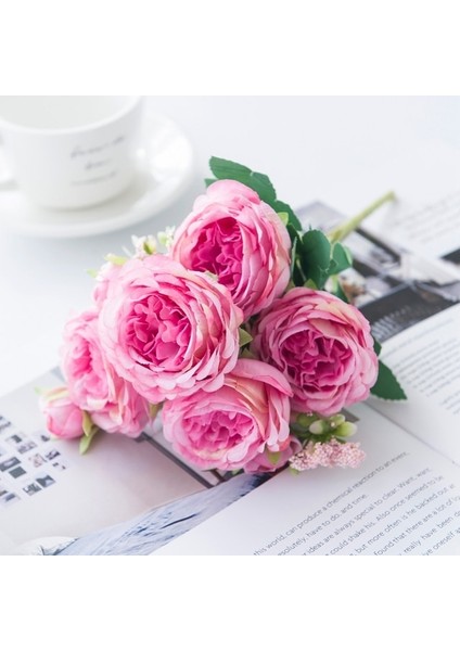 Derin Pembe Beyaz Güller Yapay Çiçekler Ipek Şakayık Düğün Ev Dekor Için Dekoratif Vazolar Gelin Buketi Köpük Zanaat Hediyeler Sahte Bitkiler (Yurt Dışından)