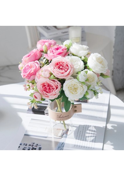 Derin Pembe Beyaz Güller Yapay Çiçekler Ipek Şakayık Düğün Ev Dekor Için Dekoratif Vazolar Gelin Buketi Köpük Zanaat Hediyeler Sahte Bitkiler (Yurt Dışından) fırsatları