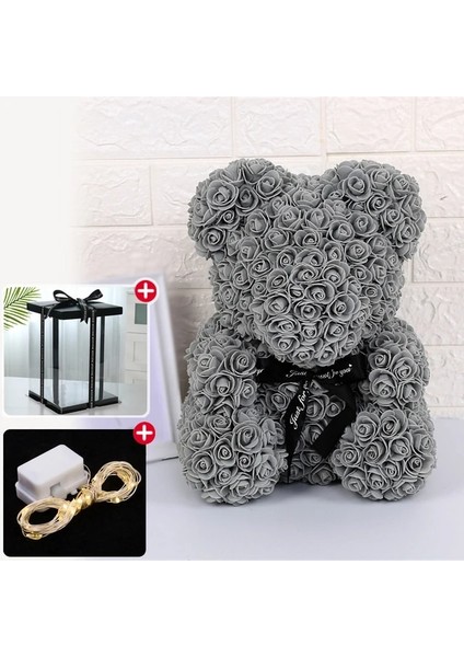 25 Cm-Gri Düğün Dekorasyon Gül Ayı Yapay Çiçek Kutusu ve Işık Gül Teddy Bear Kadınlar Için Sevgililer Kız Arkadaşı Doğum Günü Hediyeleri (Yurt Dışından)
