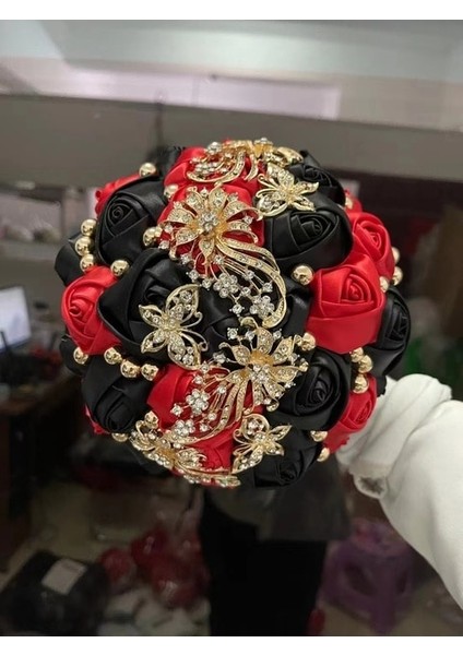 Kırmızı Siyah Çapı 18CM Sıcak Satış Gelin ve Nedime Buketleri Nefis Rhinestones Ipek Güller ve Inciler El Yapımı Sisters Düğün Buketleri (Yurt Dışından)