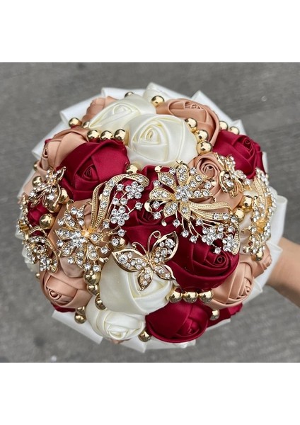 Fildişi Şarap Kırmızısı Çapı 18CM Sıcak Satış Gelin ve Nedime Buketleri Nefis Rhinestones Ipek Güller ve Inciler El Yapımı Sisters Düğün Buketleri (Yurt Dışından)