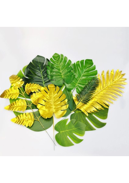 5 Adet-38.5 cm Yapay Kaplumbağa Yaprakları Yeşil Altın Tropikal Palmiye Yaprakları Monstera Sahte Yapraklar Orman Doğum Günü Hawaii Parti Süslemeleri (Yurt Dışından)