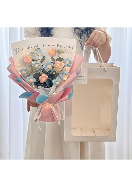 S16PINK Mavi Resim Gösterisi Olarak Bitmiş Örme Çiçekler Ayçiçeği Tığ Buket Yaratıcı Örme Çiçekler Doğum Günü El Yapımı Hediyeler Öğretmenler Günü Hediyeleri (Yurt Dışından)