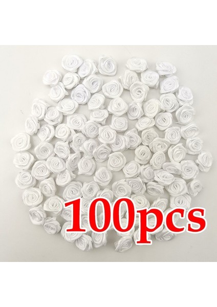 Beyaz (100 Adet/paket) 10*10MM Mini Taze Pembe Kurdele Çiçekler Küçük Boy Saten Kurdele Yapay Çiçek Zanaat Şenlikli Parti Dekorasyon (Yurt Dışından)