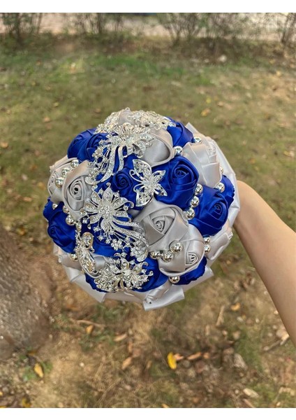 Gümüş Royalblue Çapı 15 cm Sıcak Satış Gelin ve Nedime Buketleri Nefis Rhinestones Ipek Güller ve Inciler El Yapımı Sisters Düğün Buketleri (Yurt Dışından)