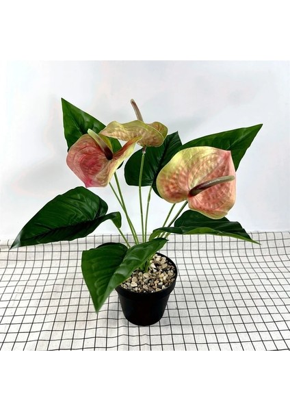 S Turuncu (Vazo Yok) 3 Kafa Yapay Antoryum Çiçekleri 3D Baskı Plastik Palmiye Yeşil Bitkiler Saksı Ev Masa Bahçe Dekor Süsler Bitki Bonsai (Yurt Dışından)