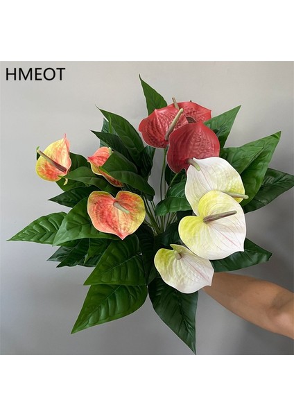 S Turuncu (Vazo Yok) 3 Kafa Yapay Antoryum Çiçekleri 3D Baskı Plastik Palmiye Yeşil Bitkiler Saksı Ev Masa Bahçe Dekor Süsler Bitki Bonsai (Yurt Dışından)