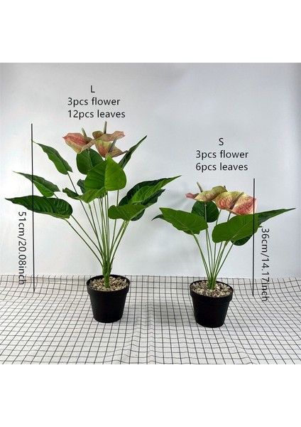 S Turuncu (Vazo Yok) 3 Kafa Yapay Antoryum Çiçekleri 3D Baskı Plastik Palmiye Yeşil Bitkiler Saksı Ev Masa Bahçe Dekor Süsler Bitki Bonsai (Yurt Dışından)