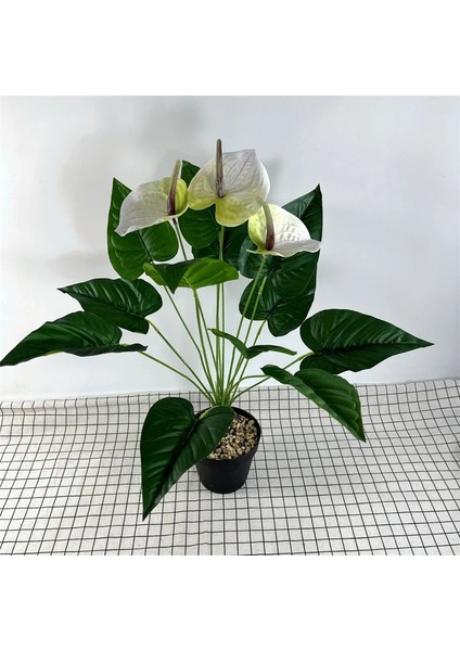 S Turuncu (Vazo Yok) 3 Kafa Yapay Antoryum Çiçekleri 3D Baskı Plastik Palmiye Yeşil Bitkiler Saksı Ev Masa Bahçe Dekor Süsler Bitki Bonsai (Yurt Dışından)