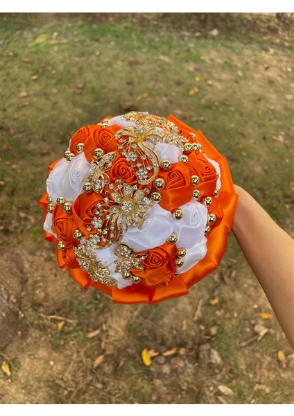 Turuncu Beyaz Çapı 18CM Sıcak Satış Gelin ve Nedime Buketleri Nefis Rhinestones Ipek Güller ve Inciler El Yapımı Sisters Düğün Buketleri (Yurt Dışından)