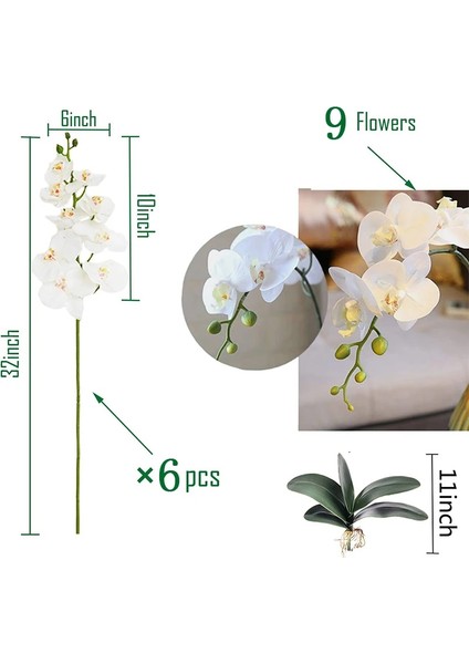 Gül 2 Yapraklar 32 Inç Yapay Phalaenopsis Çiçekler 9 Kafaları Yapay Orkide Kelebek Çiçekler Ev Dekor Için Kök Bitkiler 6 Adet (Yurt Dışından)