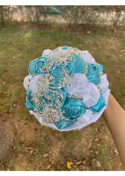 Göl Mavisi Beyaz Çapı 18CM Sıcak Satış Gelin ve Nedime Buketleri Nefis Rhinestones Ipek Güller ve Inciler El Yapımı Sisters Düğün Buketleri (Yurt Dışından)