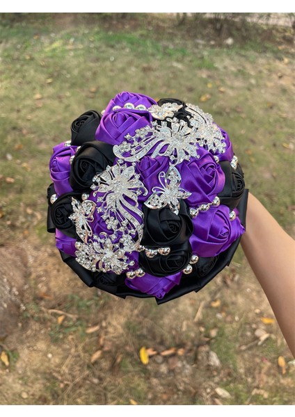 Mor Siyah Çapı 18CM Sıcak Satış Gelin ve Nedime Buketleri Nefis Rhinestones Ipek Güller ve Inciler El Yapımı Sisters Düğün Buketleri (Yurt Dışından)