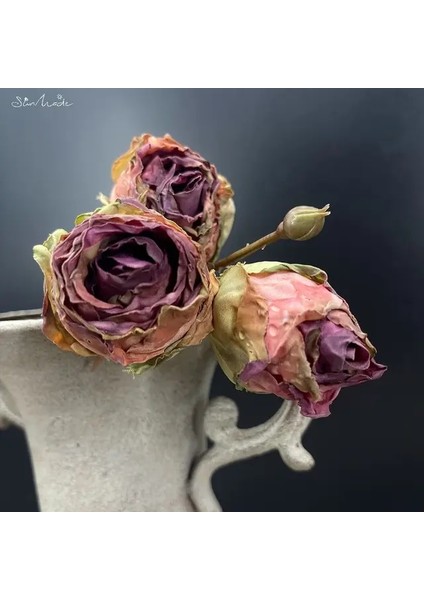 Vintage Mor Sunmade 3 Kafaları Kurutulmuş Görünümlü Vintage Güller Ipek Yapay Çiçekler Ev Düğün Dekor Kırmızı Gül Güz Decore Flores Artificales (Yurt Dışından)