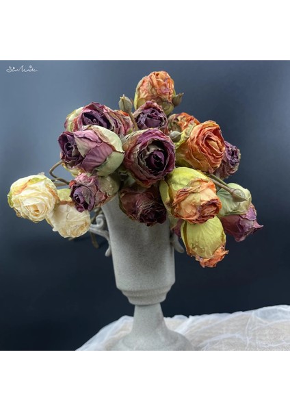 Vintage Mor Sunmade 3 Kafaları Kurutulmuş Görünümlü Vintage Güller Ipek Yapay Çiçekler Ev Düğün Dekor Kırmızı Gül Güz Decore Flores Artificales (Yurt Dışından) fiyatları