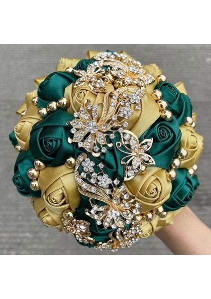 Koyu Yeşil Altın Çapı 18CM Sıcak Satış Gelin ve Nedime Buketleri Nefis Rhinestones Ipek Güller ve Inciler El Yapımı Sisters Düğün Buketleri (Yurt Dışından)