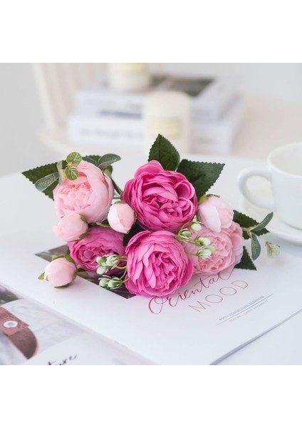 Fuşya Pembe 1 Buket 9 Kafaları Yapay Şakayık Çay Gül Çiçek Kamelya Ipek Sahte Çiçek Flores Dıy Ev Bahçe Düğün Dekorasyon Için (Yurt Dışından)